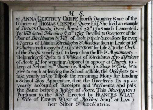 Inscription from Anna Crispe Monument